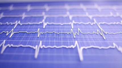 Detailed ekg or ecg tracing on blue grid paper showing heart rhythm analysis