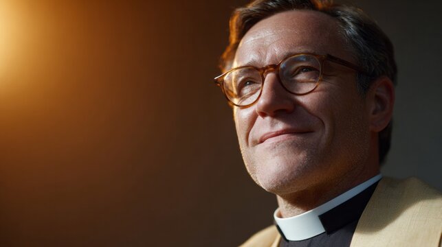 A contemplative Caucasian male reverend basks in golden sunlight, embodying spiritual serenity, echoing St Lucia's Day reflections