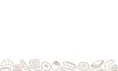 bakery themed background with blank space. hand drawn line illustration on white background.