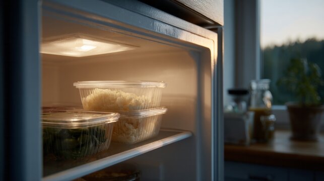 Clear containers glow serenely in refrigerator twilight, evoking Hygge comforts and hinting at Nouruz's springtime renewal feast