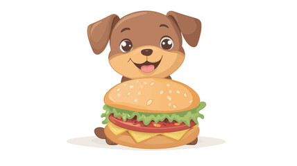 Digital illustration of a cartoon-style brown puppy sitting in front of a large hamburger. The puppy is depicted with large, expressive eyes and a happy expression, its tongue slightly sticking
