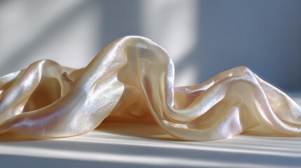 Swirling iridescent silk, evoking lunar whispers and winter solstice mysteries, shimmers in dawn's poetic embrace, celestial couture allure