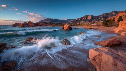 Sunrise on a rocky beach, waves crashing