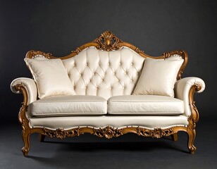Ornate cream leather couch against dark backdrop