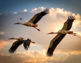 Three storks in flight against a dramatic sunset sky