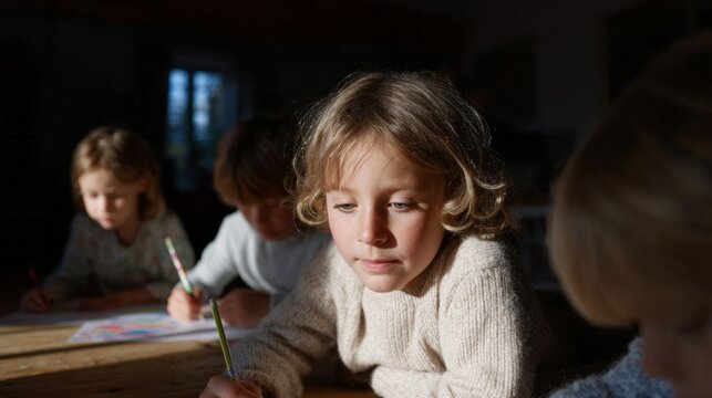 Children's sunlit whimsy unfolds as curious minds create in cozy sweater comfort, celebrating Europe's La Fete des Enfants