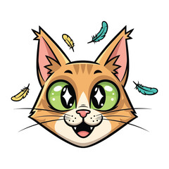 Whimsical Cat Portrait with Feathered Fantasy: A lively, cartoonish cat with sparkling eyes and a cheerful expression, encircled by a flurry of colorful feathers.