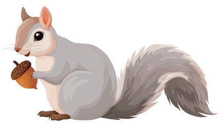 A digital illustration depicting a cartoon-style grey squirrel holding an acorn. The squirrel is light grey with darker grey shading, large dark eyes, and a prominent, bushy tail. 