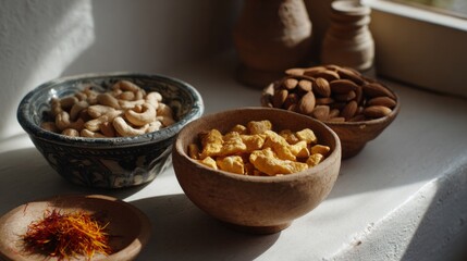Fototapeta premium Rustic bowls bask in morning sun, cradling nuts and spices, reminiscent of Navratri fasting rituals, autumn abundance whispers