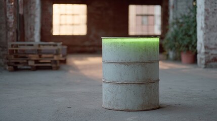 Naklejka premium Glowing green light atop industrial barrel in rustic warehouse setting, evoking Earth Day innovations and steampunk aesthetics