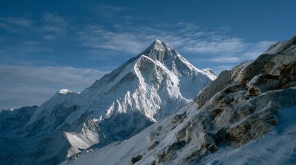 Fototapeta premium Majestic snow-clad peak whispers ancient Himalayan tales, celebrating International Mountain Day, adventure's allure amidst icy serenity