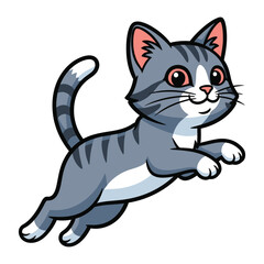 Playful Pounce: A vibrant cartoon of a cute, gray tabby cat in mid-leap, capturing its spirited energy and joy. 