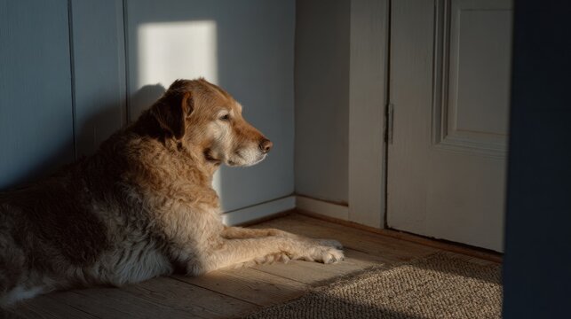 Golden retriever basking in ethereal twilight, embodying serene nostalgia, evokes National Pet Day reflection and Hygge warmth