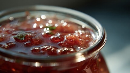 Rich autumnal cranberry chutney glistens in golden sunlight, perfect for Samhain feasting and eccentric culinary adventures