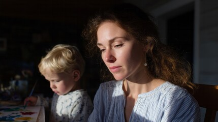 Fototapeta premium Melancholic Caucasian mother in thought, young child paints quietly; echoes of Mother's Day reflection, artistic serenity beckons