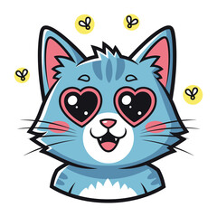 Cat in Love: A whimsical illustration of a charming blue cat, its eyes transformed into adorable heart shapes, conveying feelings of affection and playfulness.