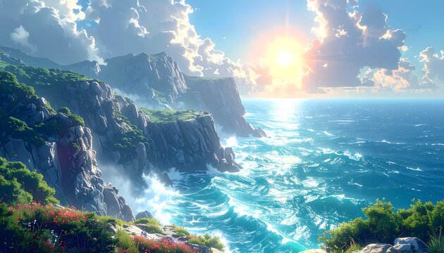 Dramatic coastal cliffs meet sparkling turquoise ocean at sunrise, vibrant waves crashing under a bright sky