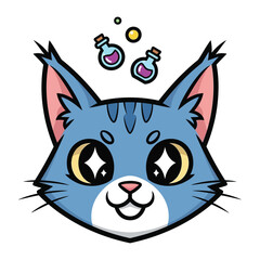Mystical Cat and Magical Potions: An endearing illustrated portrait of a charming cat with sparkling eyes, floating enchanted potions above it, creating an image of wonder.