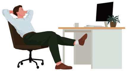 Vector illustration of a man in a light-colored shirt and dark trousers sitting in a brown office chair with his feet up on the desk. His hands are behind his head, and he appears relaxed.