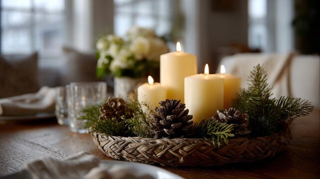 Cozy candlelit pinecone centerpiece evokes Yule warmth and Nordic tidings in a rustic winter solstice celebration