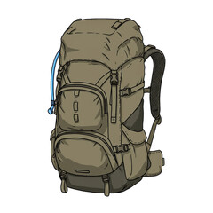 Illustration of a large hiking backpack with multiple pockets and straps.