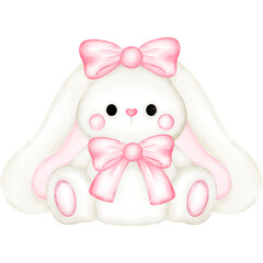 A soft white plush bunny with long ears, a big pink bow on its head and another on its neck.

