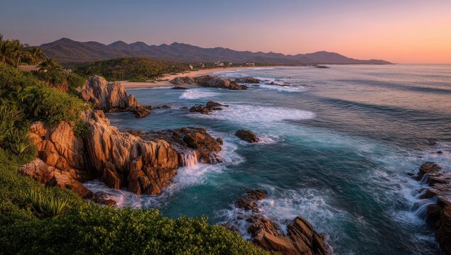 Coastal sunrise over rocky shore. Lush vegetation hugs the rocks meeting the turquoise water.  Mountains rise in the background