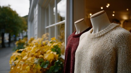 Mannequins in cozy knitwear serenade autumn's golden leaves, evoking Hygge warmth and Thanksgiving wonder along bustling avenues