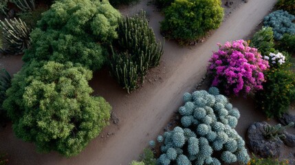 Desert's symphony of cacti and fuchsia blooms, evoking Dia de los Muertos vibrance and Earth Day's natural exuberance