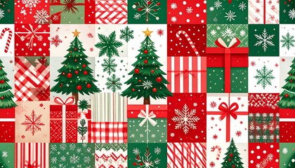 Christmas patchwork pattern with trees and presents