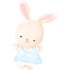 A darling watercolor bunny wearing a light blue dress with small white flower details.

