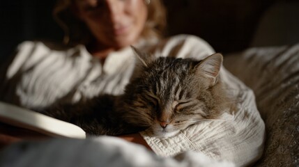 Cozy feline naps on woman's lap, vintage hygge moment, World Cat Day warmth, feline-influenced bibliophile tranquility