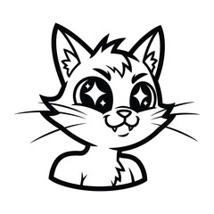 Smiling Cat Face: A cute cat's head drawn with expressive eyes and a delightful smile, radiating warmth and cheer in the simple black and white outline.