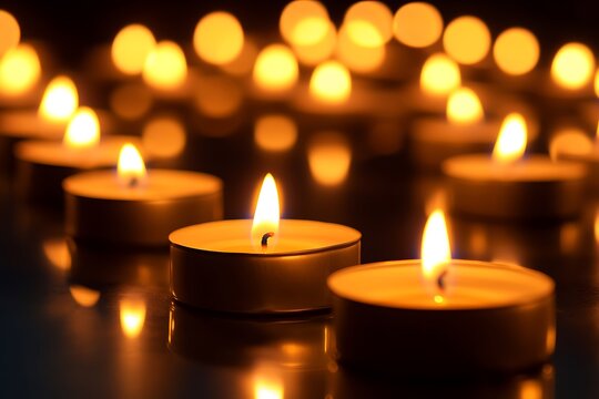 Warm glow of tea light candles with soft focus background for relaxation