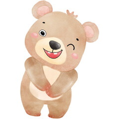 A playful watercolor teddy bear winking and smiling with an open mouth and rosy cheeks.

