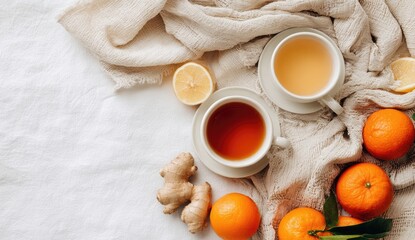 Two cups of herbal tea, lemons, and oranges on a bed, with a blanket
