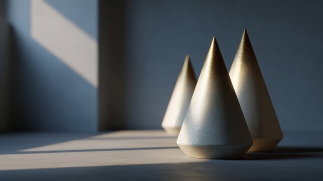 Silent sunlit shadows dance on metallic cones, reminiscent of minimalist zen rituals, evoking World Geometry Day's serene elegance