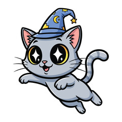 Magical Cat in a Wizard's Hat: A charming cartoon cat with a twinkle in its eye, dons a whimsical wizard's hat, embodying a sense of enchantment, fantasy, and playfulness.