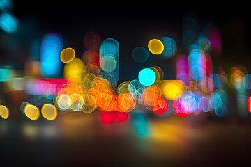 Blurred lights of a city at night colorful orbs and shapes against a dark background