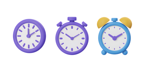 Three dimensional cartoon clocks showing different time management concepts design on transparent background