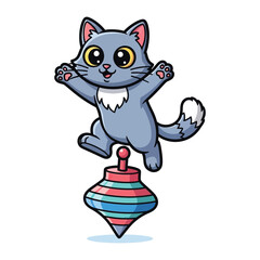 Whimsical Cat Balancing: A cartoonish cat, full of playful energy, balances adeptly atop a spinning top, radiating joy and innocence.