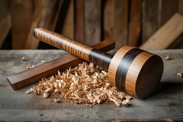 Wooden mallet with interesting grain pattern and chisel lying on a rustic workbench covered in shavings