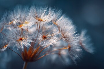 Closeup of a dandelion seed head its delicate white bristles radiating against a blurred dark blue background