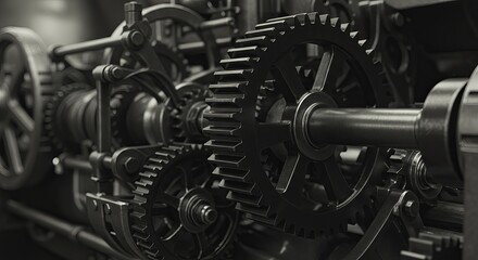 Fototapeta premium Close-up of intricate black gears in an industrial machine.