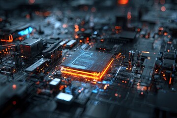 Closeup of a motherboard with illuminated chips and detailed circuitry