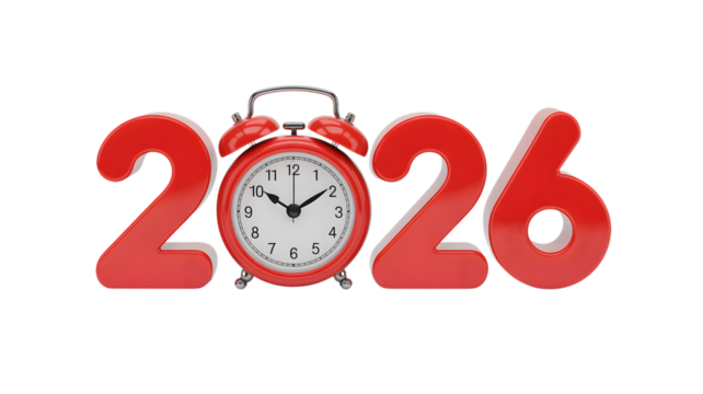 Red alarm clock displaying the year 2026 against a black studio background view on transparent background - Powered by Adobe