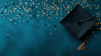 Dark graduation cap sits on a textured blue surface with golden confetti scattered above