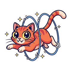 Whimsical Kitten's Leap: An adorable cartoon cat playfully leaps through hoops, radiating energy and joy in a delightful illustration style. 