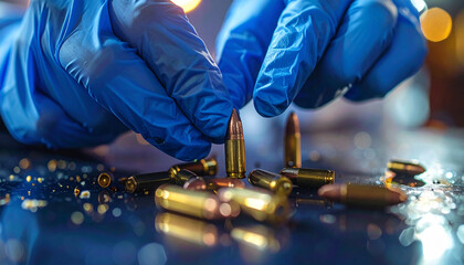 Shooting incident concept with gloved hands handling bullet on reflective surface, crime scene investigation, forensic analysis, dramatic lighting