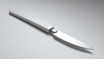 Single kitchen knife with sleek metallic blade and white handle, placed on a reflective surface—featuring a narrow, tapered design ideal for precise slicing or paring, emphasizing modern culinary aest
